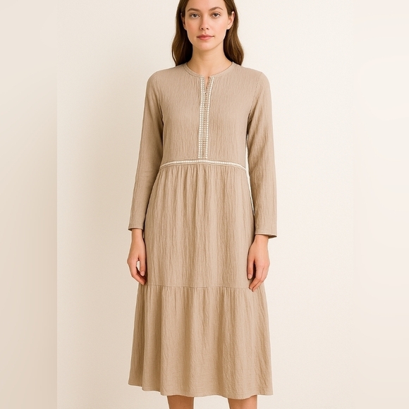 Refka Dresses & Skirts - Refka Modest Pleated Long Sleeve Maxi Cream Dress Size US 12.